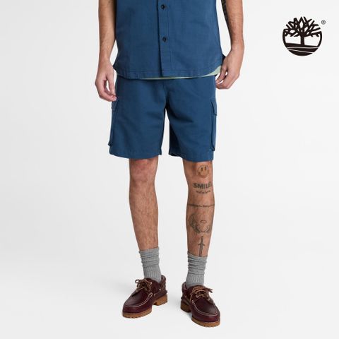 Timberland 男款靛藍色休閒棉麻短褲|A6EYN288