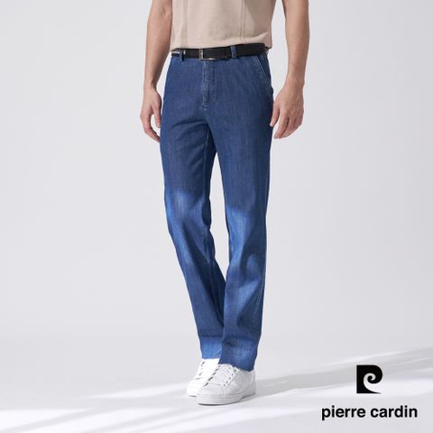 【pierre cardin 皮爾卡登】男款 彈性平口牛仔合身休閒長褲-藍色 (5247824-37)