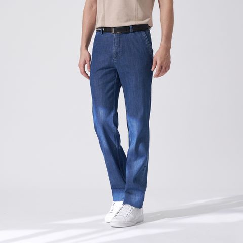 【pierre cardin 皮爾卡登】男款 彈性平口牛仔合身休閒長褲-藍色 (5247824-37)