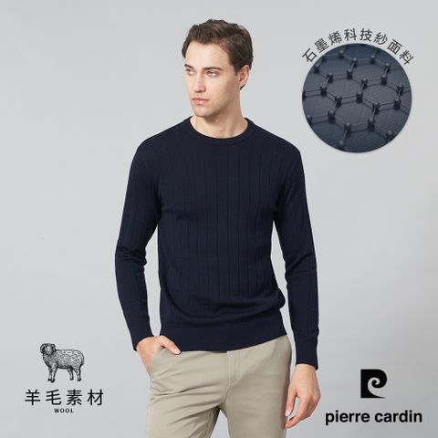 【pierre cardin 皮爾卡登】男裝 優質混紡石墨烯羊毛圓領暗直條針織毛衣-深藍色 (5245471-38)