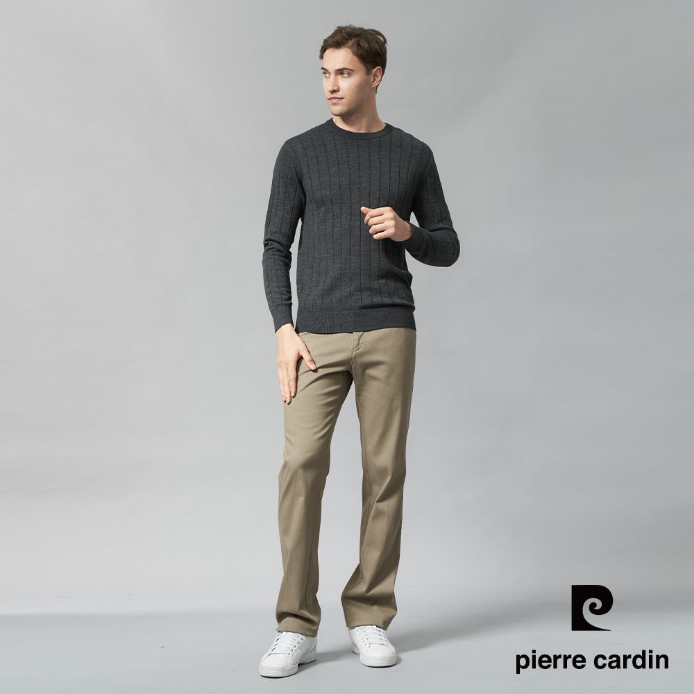 Pierre Cardin 皮爾卡登 男裝 優質混紡石墨烯羊毛圓領暗直條針織毛衣-灰色 (5245471-96)