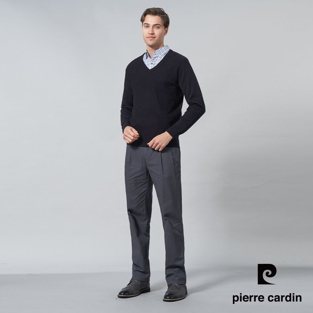 Pierre Cardin 皮爾卡登 男裝 混紡羊毛V領暗菱格針織毛衣-深藍色 (5245474-38)