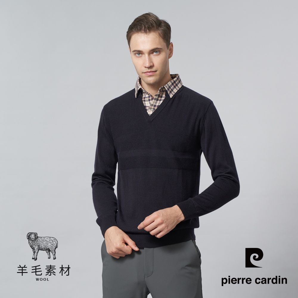 Pierre Cardin 皮爾卡登 男裝 混紡羊毛定位橫條緹花襯衫領假兩件針織毛衣-丈青色 (5245475-38)