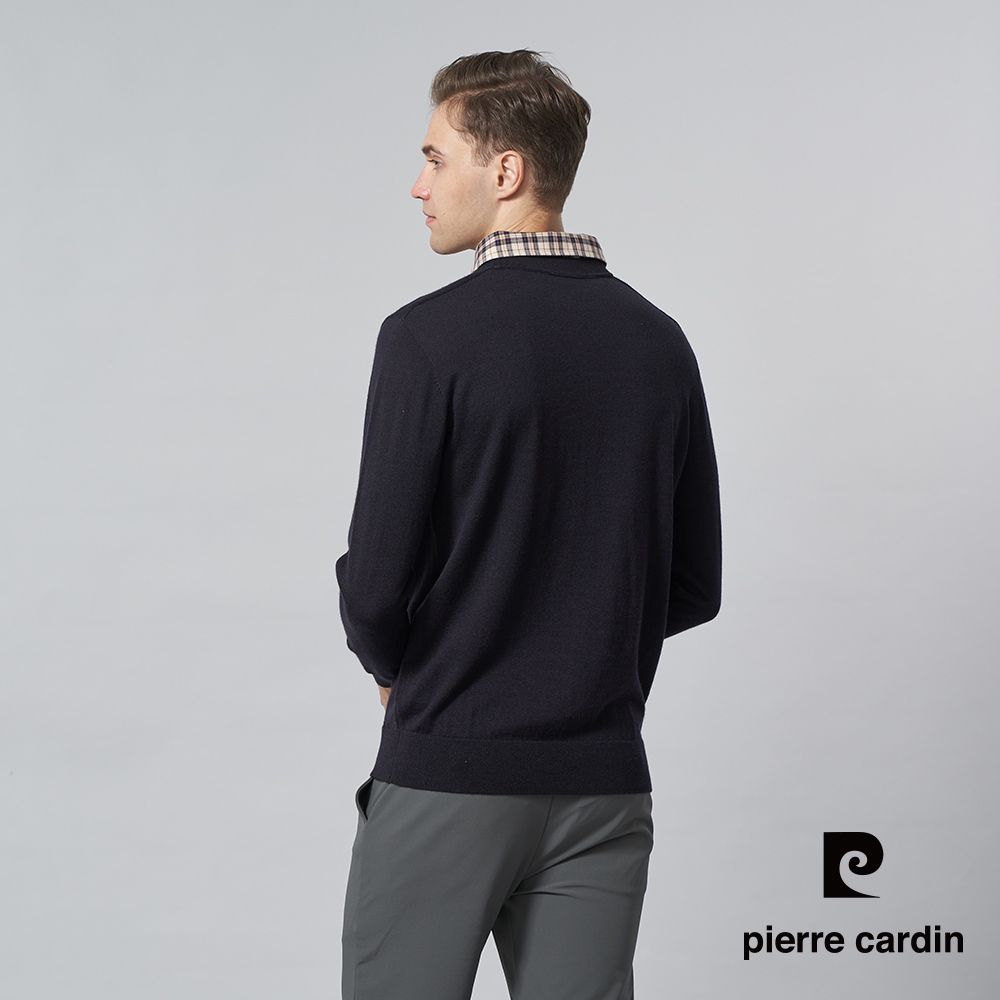 Pierre Cardin 皮爾卡登 男裝 混紡羊毛定位橫條緹花襯衫領假兩件針織毛衣-丈青色 (5245475-38)