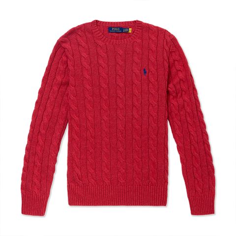 Polo Ralph Lauren RL 熱銷圓領刺繡小馬麻花毛衣-玫瑰紅色