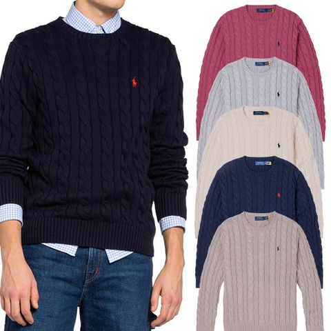 Polo Ralph Lauren RL 熱銷圓領刺繡小馬純棉麻花針織毛衣-多色選