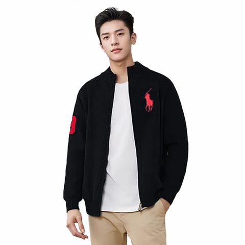 Polo Ralph Lauren RL 熱銷立領刺繡大馬羊毛針織外套-黑色