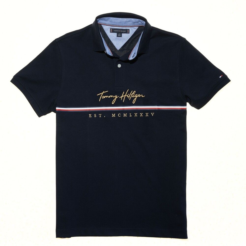  Tommy 金色刺繡草寫文字LOGO短POLO衫 深藍TH-78JA752410