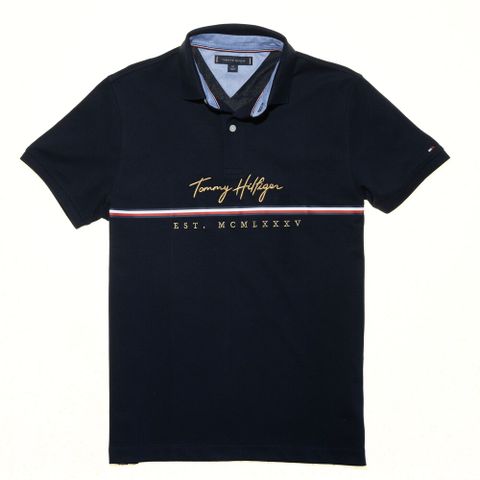 Tommy 金色刺繡草寫文字LOGO短POLO衫 深藍TH-78JA752410