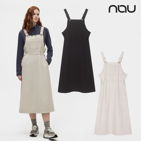 【nau】女 CARAVAN防潑水吊帶裙(暖灰色/黑色)-防潑水 腰部抽繩 吊帶裙 A字裙-NUDB2WR101