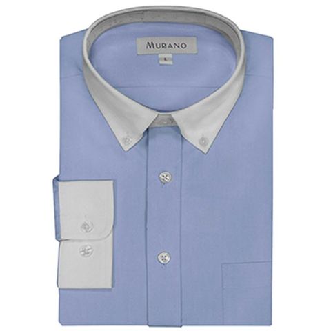 台灣製[MURANO]白領撞色長袖襯衫-藍色