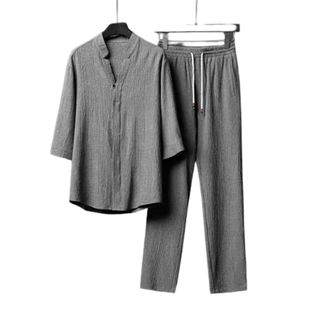 【CS22】商務紳士亞麻V領休閒套裝3色M-4XL(七分袖+九分褲)