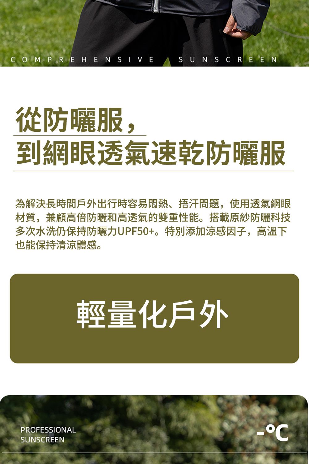 OMPREHENSIVESUNSCREEN從防曬服,到網眼透氣防曬服為解決長時間戶外出行時容易悶熱、捂汗問題,使用透氣網眼材質,兼顧高倍防曬和高透氣的雙重性能。搭載原紗防曬科技多次水洗仍保持防曬力UPF50+。特別添加涼感因子,高溫下也能保持清涼體感。PROFESSIONALSUNSCREEN輕量化戶外C