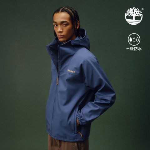 Timberland 男款藍色寬版防潑水軟殼連帽外套|0YH6JEYO
