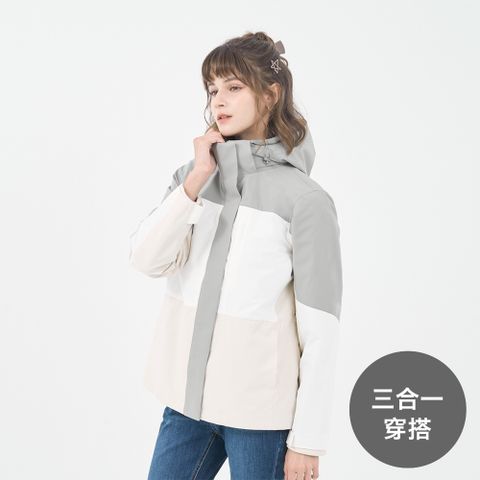 GIORDANO 女裝拼接機能三合一外套(二件式) G-MOTION系列-04 陰影綠X雲白色X砂殼卡其