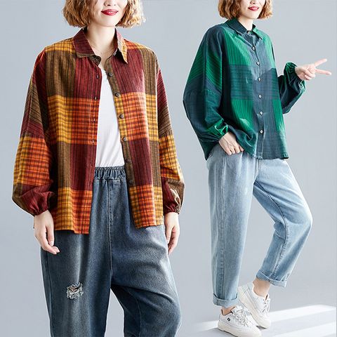 【韓國K.W.】KM2379現貨絕對滿分百搭格紋襯衫上衣(上衣/襯衫/長袖)
