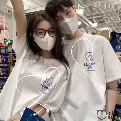 【Mini嚴選】可愛男孩女孩情侶裝 情侶T 情人節 兩色
