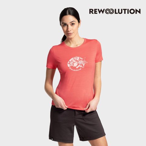 【Rewoolution】女 WHETU 140g短袖(落日珊瑚)-羊毛衣 輕量快乾 印花圓領 T恤|REEB1WC516