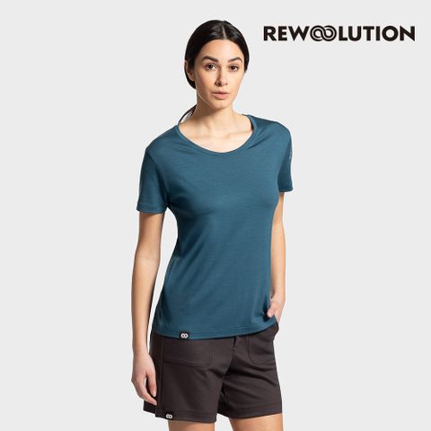 【Rewoolution】女 WHETU 140g短袖(愛琴海藍)-羊毛衣 輕量快乾 印花圓領 T恤|REEB1WC517