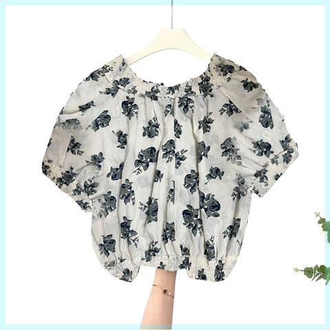 【韓國K.W.】KN3061現貨復古印花一字領亞麻上衣(上衣/背心/亞麻/雪紡)