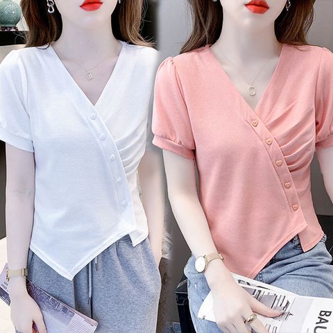 【韓國K.W.】KN3203現貨韓國雜誌款雙色謎情清新棉印花上衣(休閒/T恤/印花/小香風)