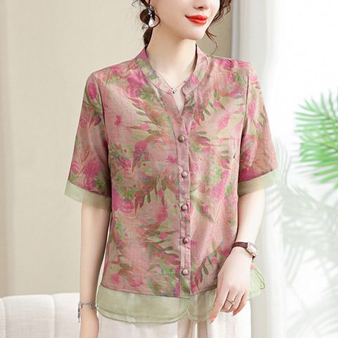 【韓國K.W.】KN3260現貨亞麻印花進口紗下擺上衣(造型上衣/T恤/背心/針織)