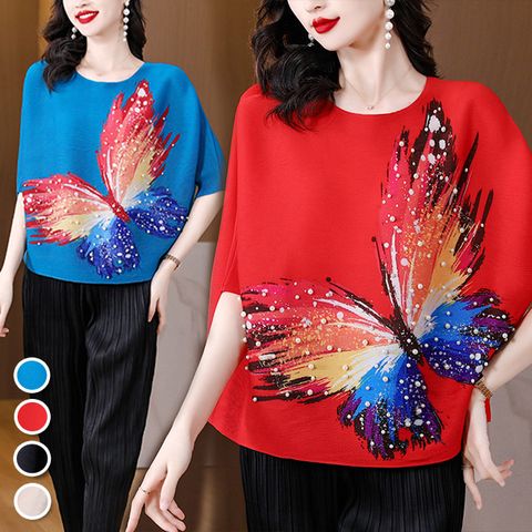 【韓國K.W.-歐美】KSN3186現貨蝴蝶三宅風格褶皺3D印花上衣(壓褶/中大尺碼/修身/輕薄/小香風)