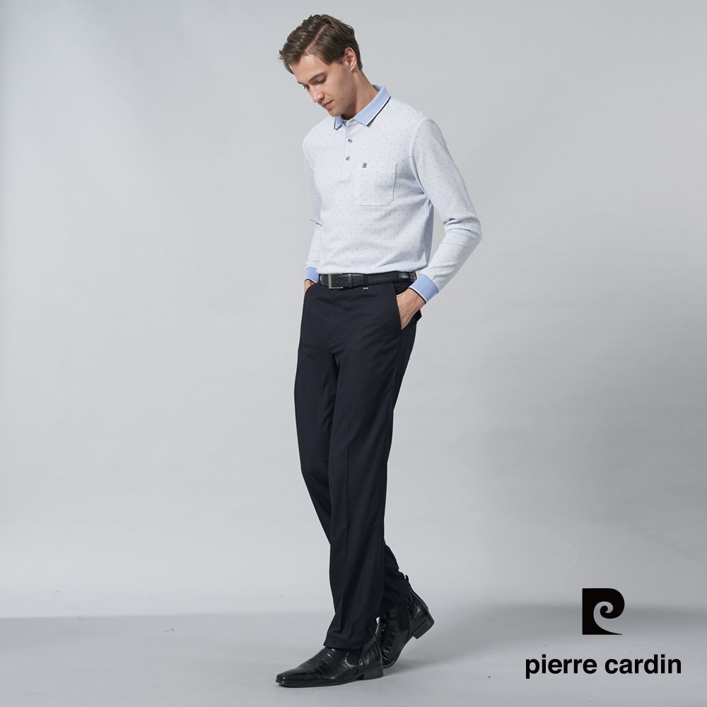 Pierre Cardin 皮爾卡登 男裝 微彈性暗緹花伸縮腰頭平口西裝長褲-丈青色 (5245811-39)