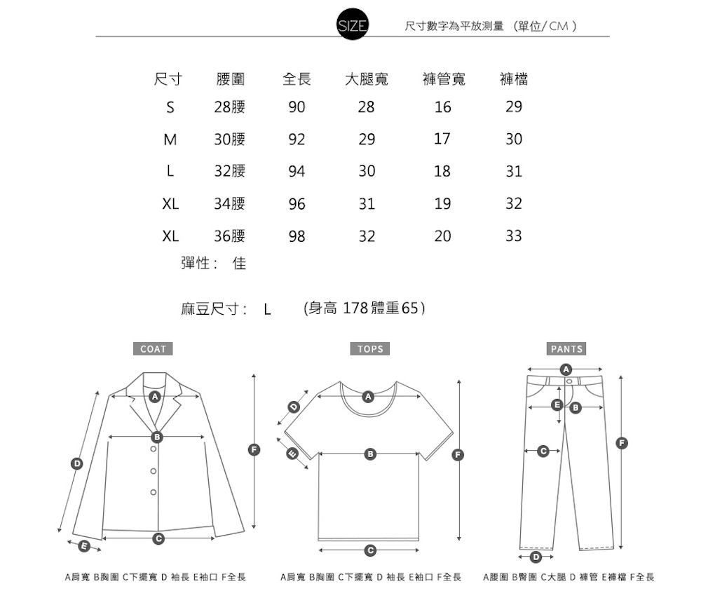 DIZE尺寸數字為平放測量(單位/CM)尺寸圍全長大腿 褲管寬S8腰90M0腰92 2816292917L2腰94018XL4腰963119XL36腰9832202 3 3 3 330313233彈性: 佳麻豆尺寸: L(身高178 體重65)COTTOPSPANTSA肩寬 B C下擺寬D袖長 E袖口F全長A肩寬 B胸圍 C下擺寬D袖長E袖口F全長A B C大腿D褲管E褲檔 F全長