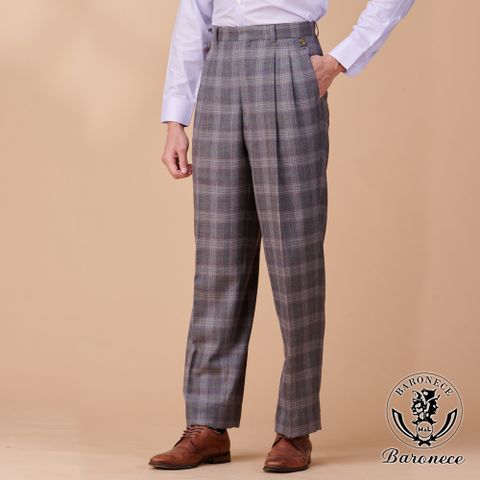 【BARONECE】大氣格紋厚款打摺西褲_灰(697138-04)