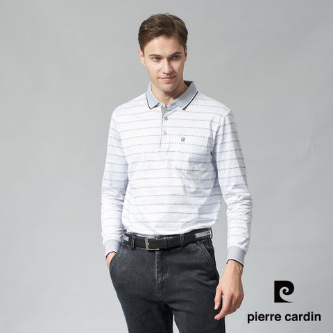 【pierre cardin 皮爾卡登】男裝 棉質混紡橫條印花薄長袖POLO衫-灰藍色 (5245257-32)