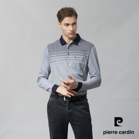 【pierre cardin 皮爾卡登】男裝 棉質混紡雙色PK定位印花長袖POLO衫-深灰色 (5245266-98)