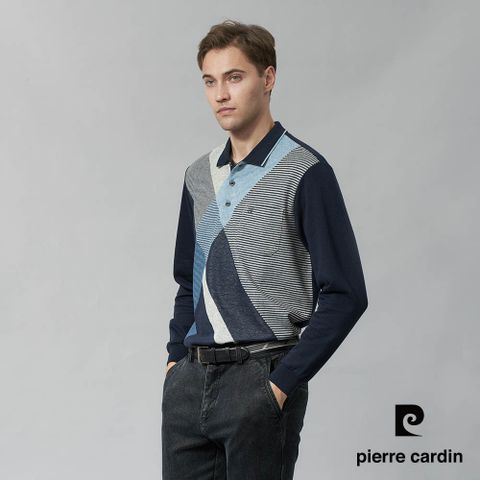 【pierre cardin 皮爾卡登】男裝 棉質混紡刷毛大定位斜格長袖POLO衫-深藍色 (5245270-38)