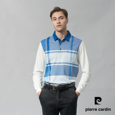 【pierre cardin 皮爾卡登】男裝 棉質混紡刷毛大定位格長袖POLO衫-藍色 (5245271-38)