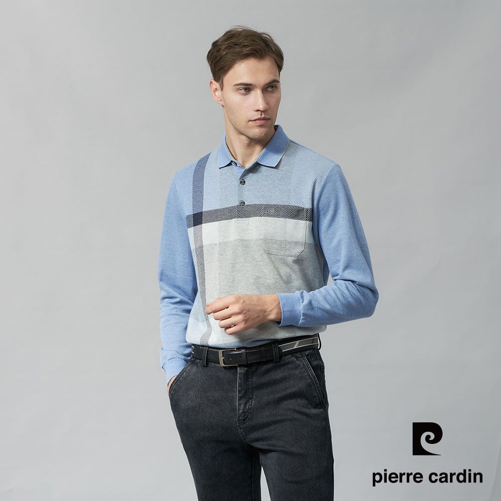 Pierre Cardin 皮爾卡登 男裝 棉質混紡刷毛大定位格長袖POLO衫-水藍色 (5245272-35)