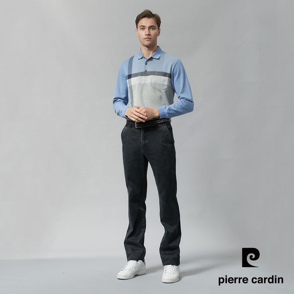 Pierre Cardin 皮爾卡登 男裝 棉質混紡刷毛大定位格長袖POLO衫-水藍色 (5245272-35)