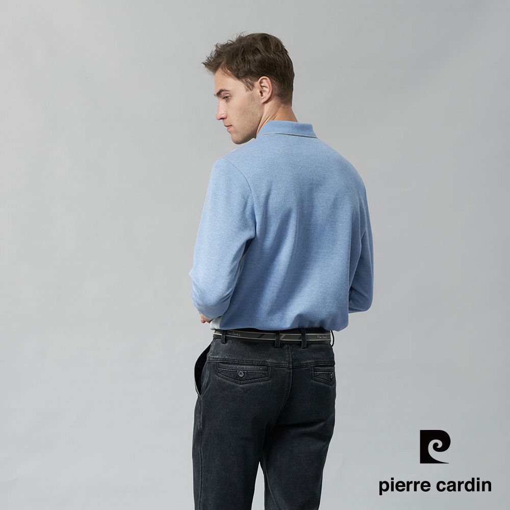 Pierre Cardin 皮爾卡登 男裝 棉質混紡刷毛大定位格長袖POLO衫-水藍色 (5245272-35)