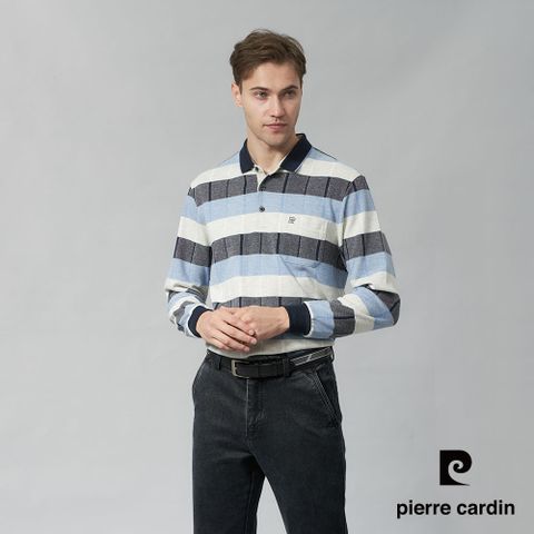 【pierre cardin 皮爾卡登】男裝 棉質混紡刷毛格子長袖POLO衫-水藍色 (5245273-36)