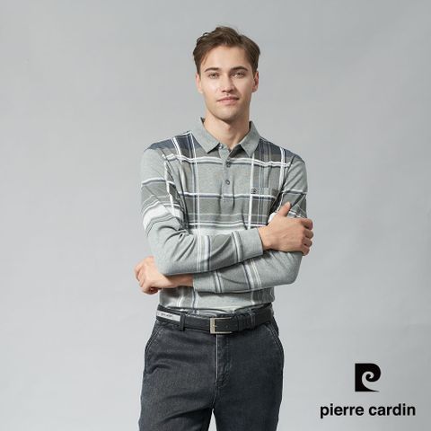 【pierre cardin 皮爾卡登】男裝 棉質混紡彈性方格印花長袖POLO衫-灰色 (5245297-96)
