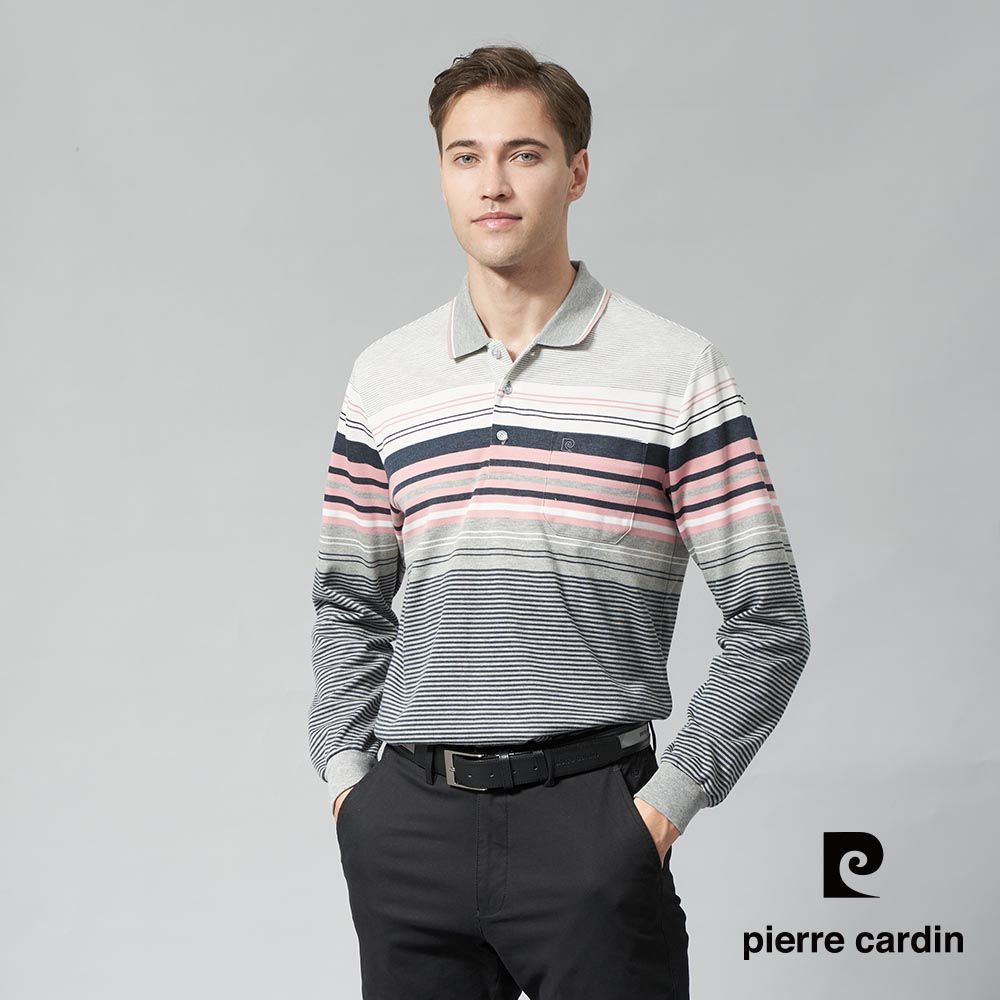 Pierre Cardin 皮爾卡登 男裝 棉質混紡刷毛CVC定位橫條長袖POLO衫-淺粉色 (7245274-72)