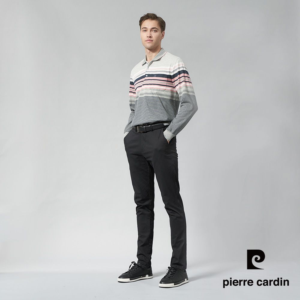 Pierre Cardin 皮爾卡登 男裝 棉質混紡刷毛CVC定位橫條長袖POLO衫-淺粉色 (7245274-72)