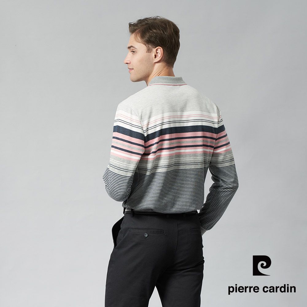 Pierre Cardin 皮爾卡登 男裝 棉質混紡刷毛CVC定位橫條長袖POLO衫-淺粉色 (7245274-72)