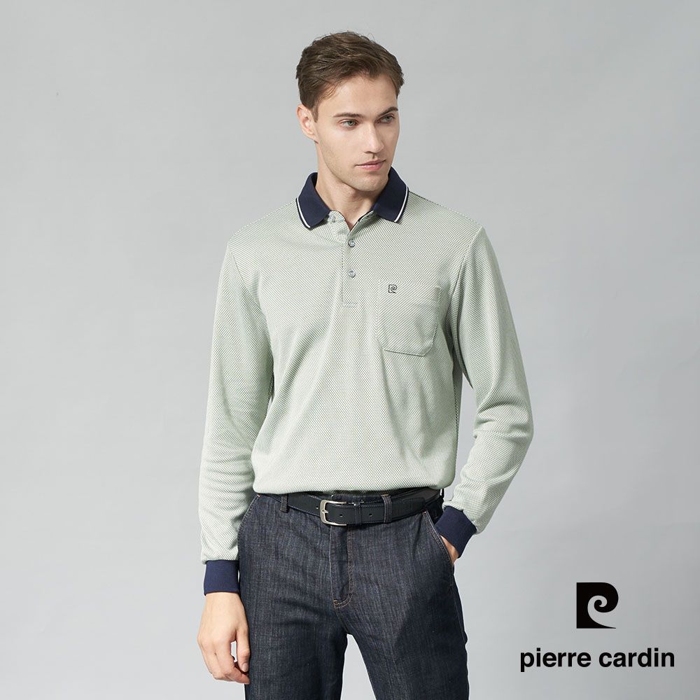 Pierre Cardin 皮爾卡登 男裝 棉質混紡刷毛CVC細格緹花素面長袖POLO衫-灰綠色 (7245275-47)