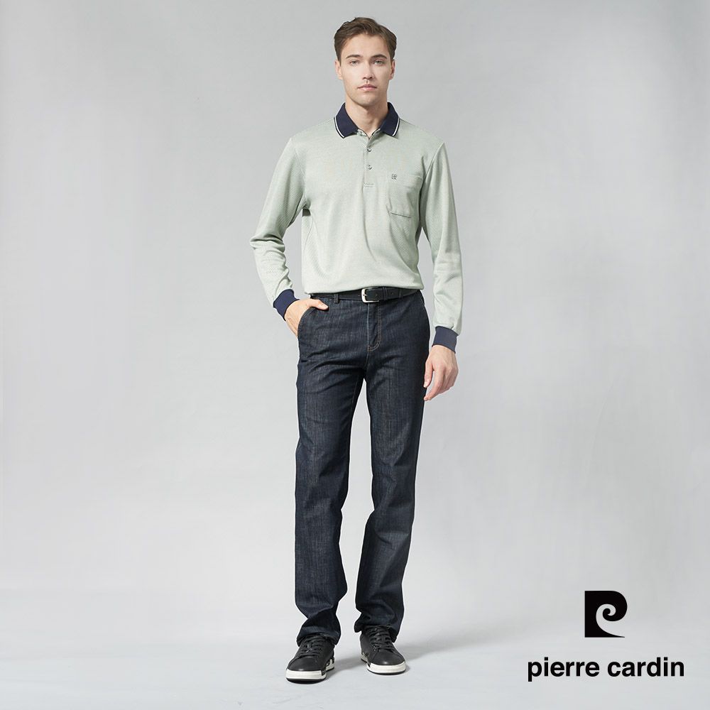 Pierre Cardin 皮爾卡登 男裝 棉質混紡刷毛CVC細格緹花素面長袖POLO衫-灰綠色 (7245275-47)