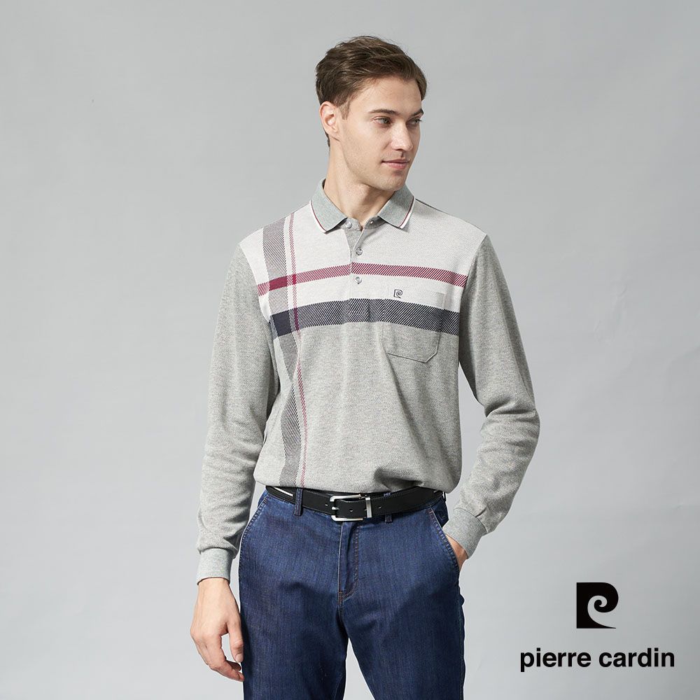 Pierre Cardin 皮爾卡登 男裝 棉質混紡刷毛CVC定位條長袖POLO衫-中灰色 (7245277-97)