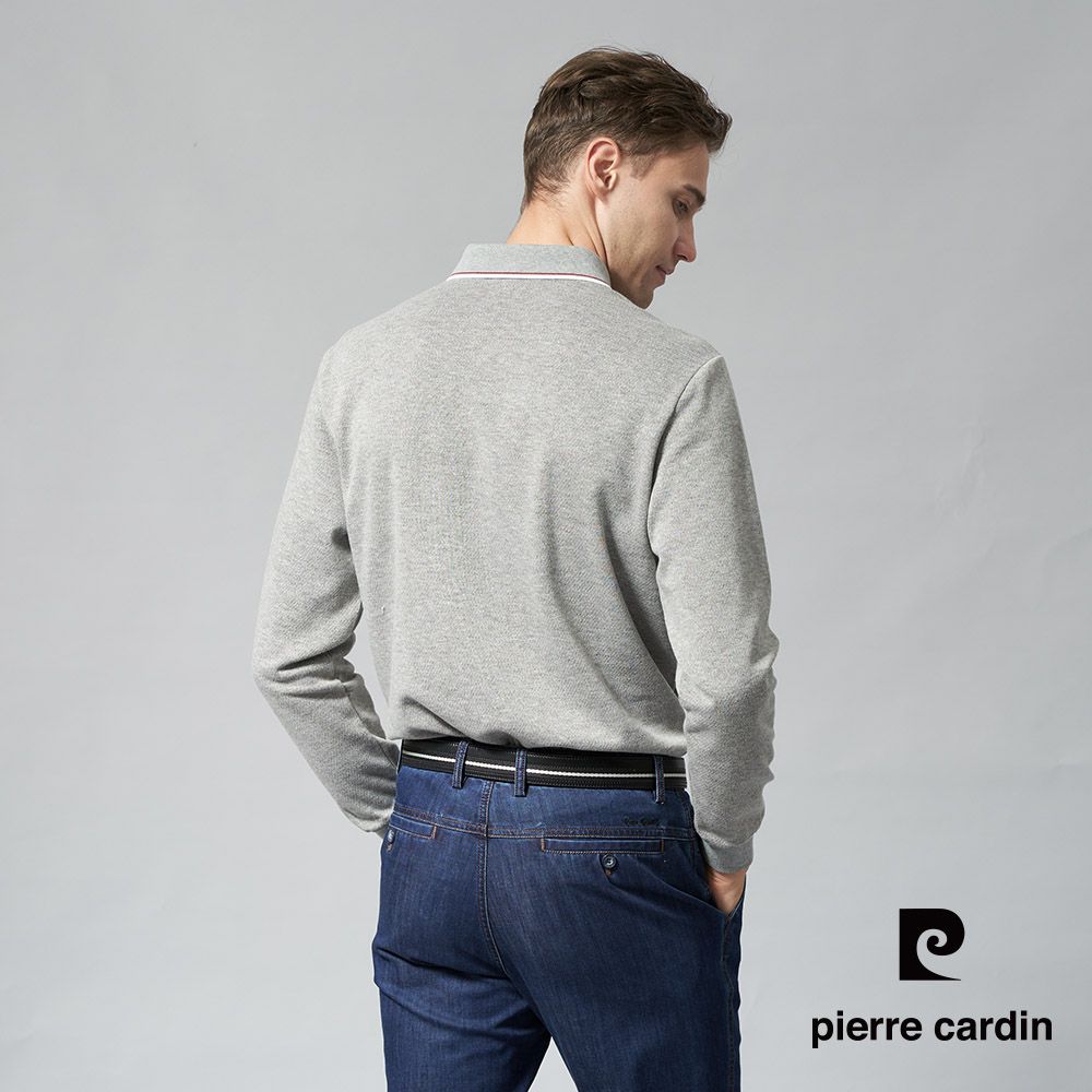 Pierre Cardin 皮爾卡登 男裝 棉質混紡刷毛CVC定位條長袖POLO衫-中灰色 (7245277-97)