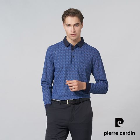 【pierre cardin 皮爾卡登】男裝 棉質混紡彈性印花格紋長袖POLO衫-深藍色 (5245205-38)