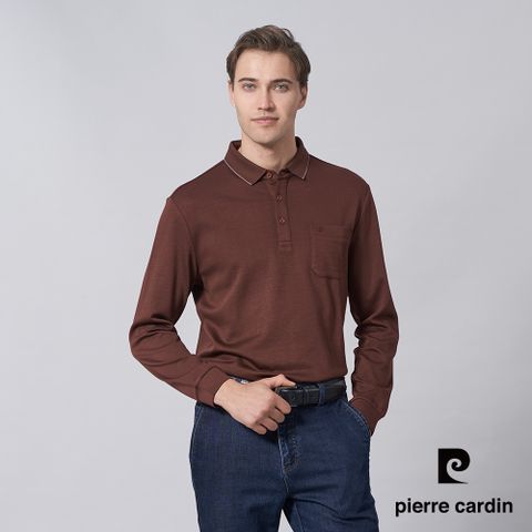 【pierre cardin 皮爾卡登】男裝 人造棉質混紡彈性素面長袖POLO衫-磚紅色 (5245207-84)