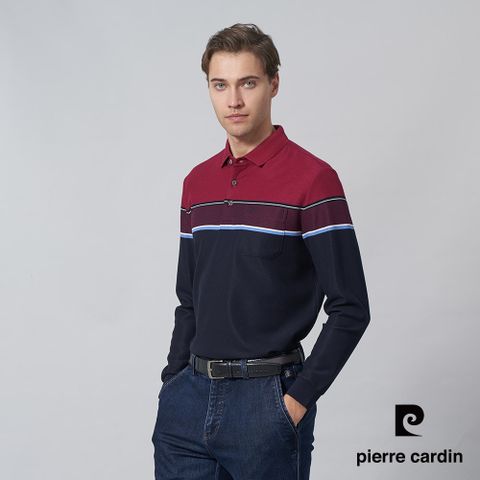 【pierre cardin 皮爾卡登】男裝 棉質混紡微彈性定位橫條長袖POLO衫-紅色 (5245214-78)