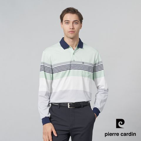 【pierre cardin 皮爾卡登】男裝 吸濕排汗微彈性定位橫條長袖POLO衫-淺綠色 (5245254-42)